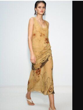 ZARA ZW Collection Women Olive Oil Floral Print Midi Dress Size XS NWOT